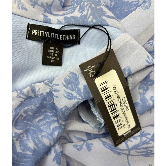 Pretty Little Thing Blue Floral Asymmetric Frill Split Maxi Dress Size 4 - Picture 5 of 5